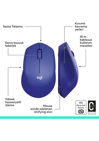 Logitech M330 Silent Plus 910-004910 Mavi Sessiz Optik Kablosuz Mouse - 6