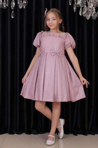 Kız Çocuk Kare Yaka Şeffaf Tüllü Omuzları Fırfırlı Beli Fiyonk Detaylı Üzeri Simli Pembe Abiye ürün görseli