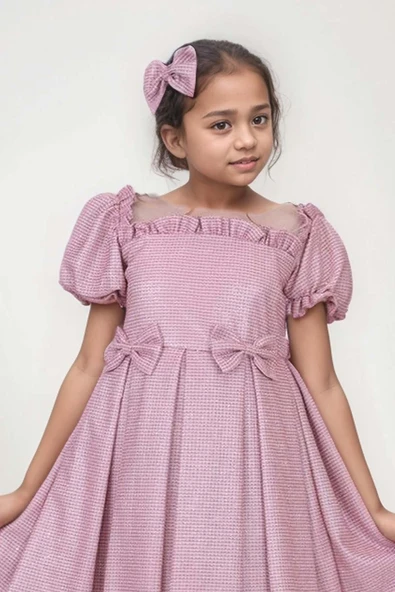 Kız Çocuk Kare Yaka Şeffaf Tüllü Omuzları Fırfırlı Beli Fiyonk Detaylı Üzeri Simli Pembe Abiye - Resim 5