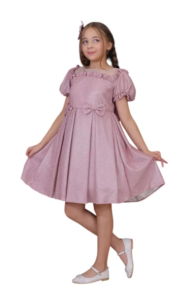 Kız Çocuk Kare Yaka Şeffaf Tüllü Omuzları Fırfırlı Beli Fiyonk Detaylı Üzeri Simli Pembe Abiye - Resim 7