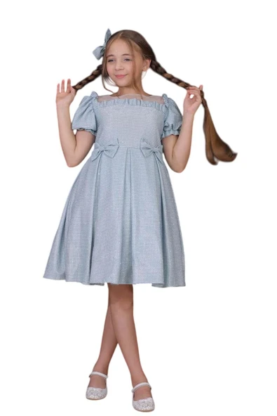 Kız Çocuk Kare Yaka Şeffaf Tüllü Omuzları Fırfırlı Beli Fiyonk Detaylı Üzeri Simli Mavi Abiye - Resim 9