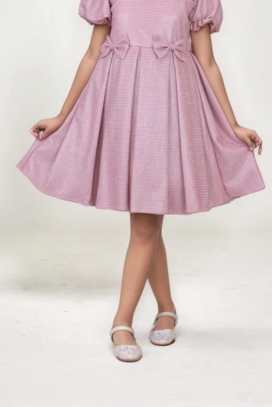 Kız Çocuk Kare Yaka Şeffaf Tüllü Omuzları Fırfırlı Beli Fiyonk Detaylı Üzeri Simli Pembe Abiye - Resim 6