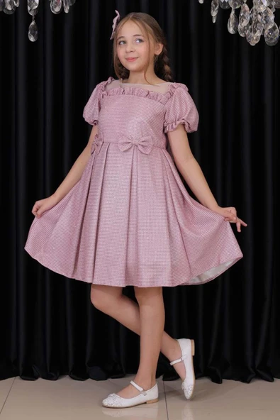Kız Çocuk Kare Yaka Şeffaf Tüllü Omuzları Fırfırlı Beli Fiyonk Detaylı Üzeri Simli Pembe Abiye - Resim 2