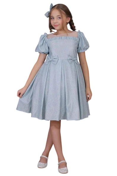 Kız Çocuk Kare Yaka Şeffaf Tüllü Omuzları Fırfırlı Beli Fiyonk Detaylı Üzeri Simli Mavi Abiye - Resim 7