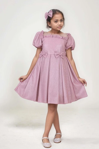 Kız Çocuk Kare Yaka Şeffaf Tüllü Omuzları Fırfırlı Beli Fiyonk Detaylı Üzeri Simli Pembe Abiye - Resim 4