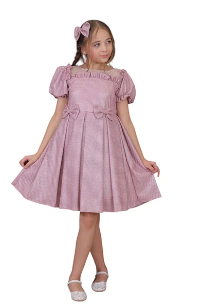 Kız Çocuk Kare Yaka Şeffaf Tüllü Omuzları Fırfırlı Beli Fiyonk Detaylı Üzeri Simli Pembe Abiye - Resim 9