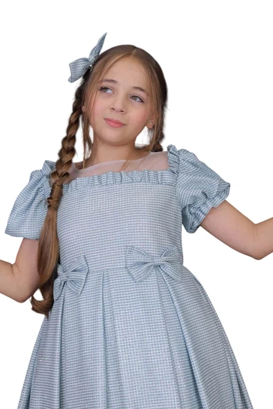 Kız Çocuk Kare Yaka Şeffaf Tüllü Omuzları Fırfırlı Beli Fiyonk Detaylı Üzeri Simli Mavi Abiye - Resim 8