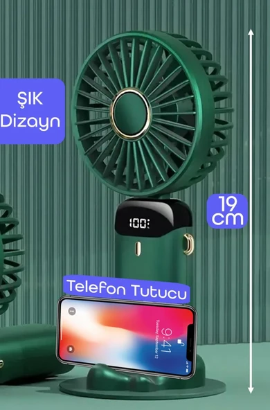LCD Ekranlı Şarjlı El Fanı Mini Vantilatör 5 Kademe Sessiz Boyun Askılı Yeşil Fan - 6