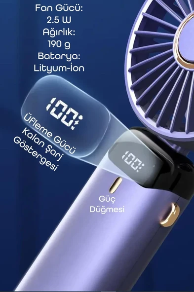 LCD Ekranlı Şarjlı El Fanı Mini Vantilatör 5 Kademe Sessiz Boyun Askılı Yeşil Fan - 8
