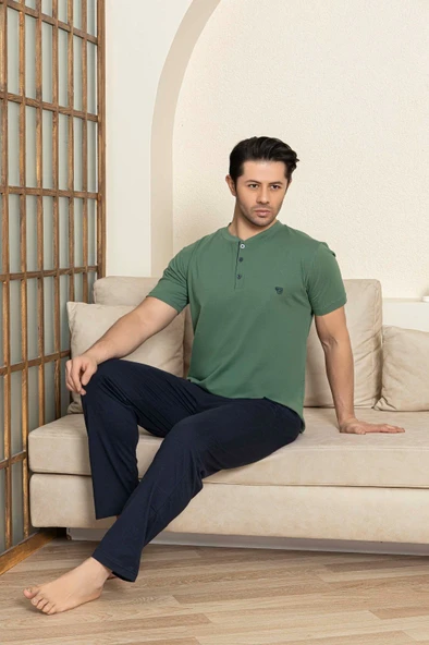 Erkek 3 Düğmeli %100 Pamuk Yazlık Kısa Kol Cepli Pijama Takımı - 4