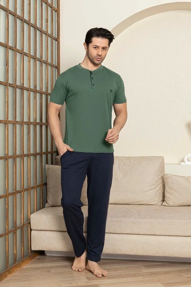 Erkek 3 Düğmeli %100 Pamuk Yazlık Kısa Kol Cepli Pijama Takımı - 3