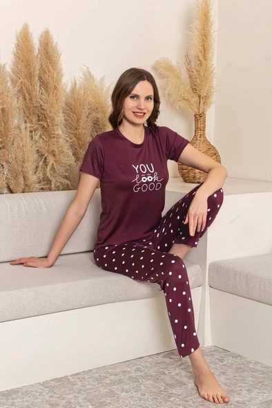 Kadın Desenli Bisiklet Yaka Düğmesiz Milan Yazlık Kısa Kol Pijama Takımı - 4