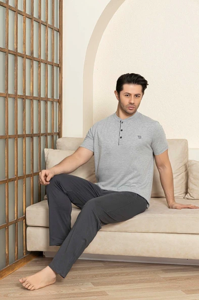 Erkek 3 Düğmeli %100 Pamuk Yazlık Kısa Kol Cepli Pijama Takımı - 2