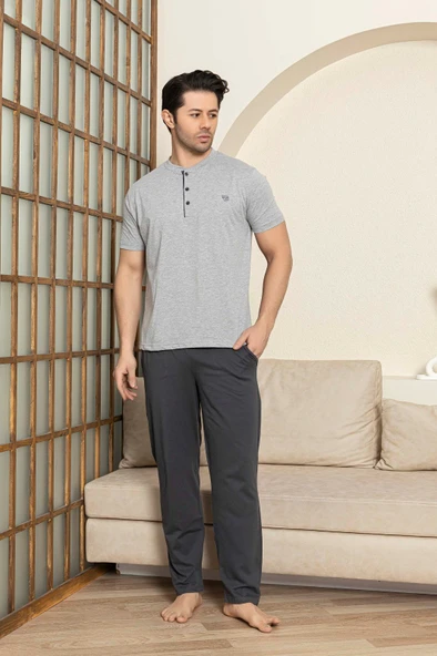 Erkek 3 Düğmeli %100 Pamuk Yazlık Kısa Kol Cepli Pijama Takımı