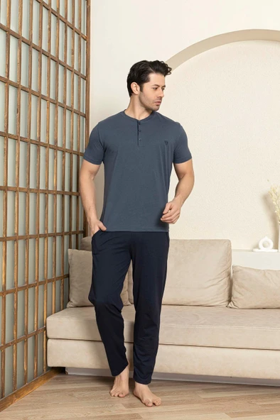 Erkek 3 Düğmeli %100 Pamuk Yazlık Kısa Kol Cepli Pijama Takımı - 7