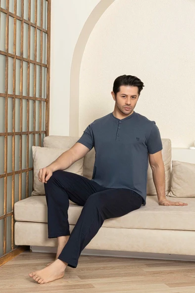 Erkek 3 Düğmeli %100 Pamuk Yazlık Kısa Kol Cepli Pijama Takımı - 8