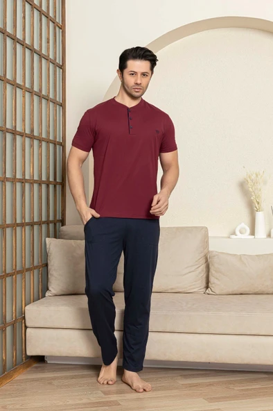 Erkek 3 Düğmeli %100 Pamuk Yazlık Kısa Kol Cepli Pijama Takımı - 5
