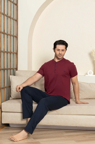 Erkek 3 Düğmeli %100 Pamuk Yazlık Kısa Kol Cepli Pijama Takımı - 6