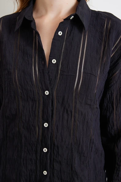 Organze Çizgili Gömlek Siyah - Resim 5