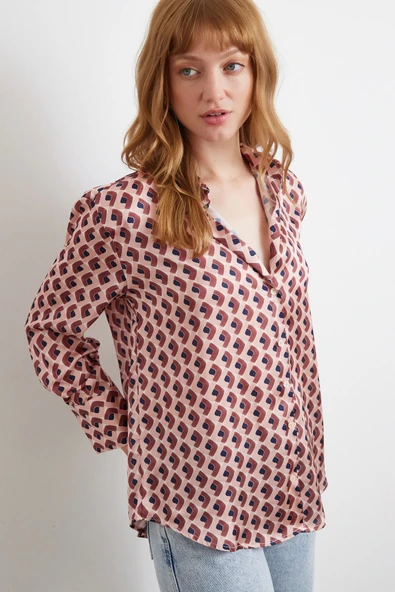 Geometrik Desenli Saten Gömlek Pembe - Resim 4