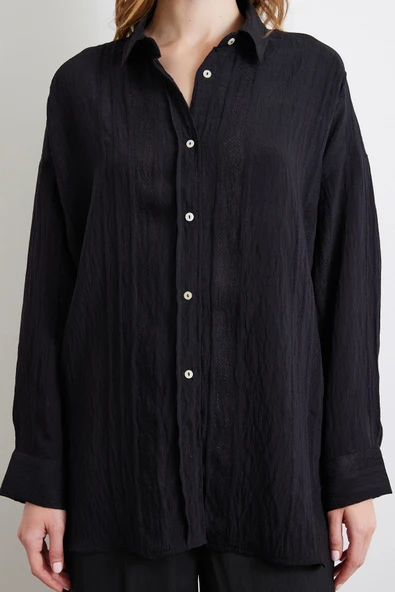 Dantel Detaylı Transparan Pamuklu Gömlek Siyah - Resim 3