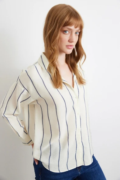 Çizgili Modal Gömlek İndigo ürün görseli