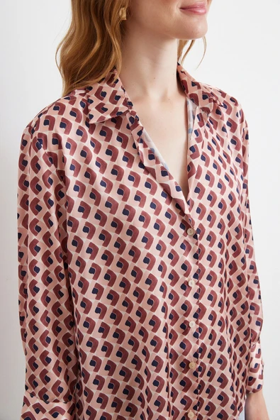 Geometrik Desenli Saten Gömlek Pembe - Resim 5