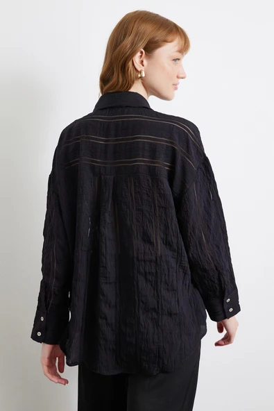 Organze Çizgili Gömlek Siyah - Resim 6