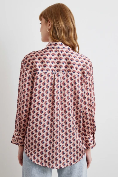 Geometrik Desenli Saten Gömlek Pembe - Resim 6