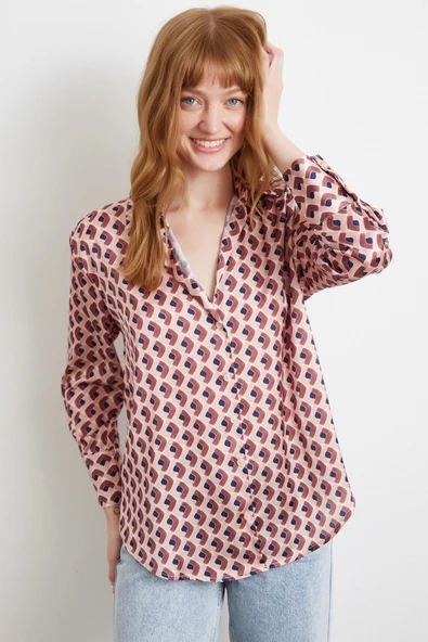 Geometrik Desenli Saten Gömlek Pembe - Resim 3