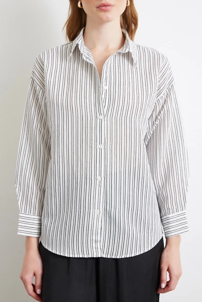 Simetrik Çizgili Gömlek Siyah - Resim 3