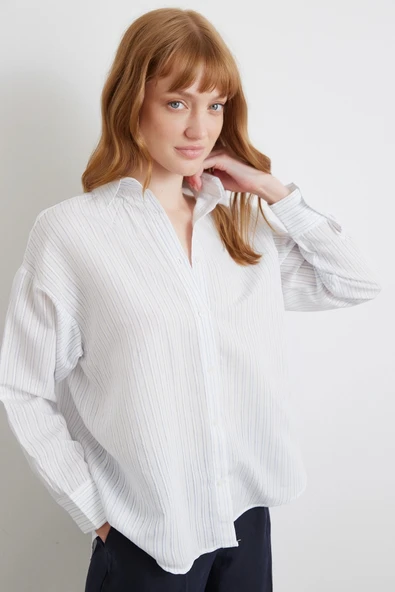 Simetrik Çizgili Gömlek Mavi - Resim 4