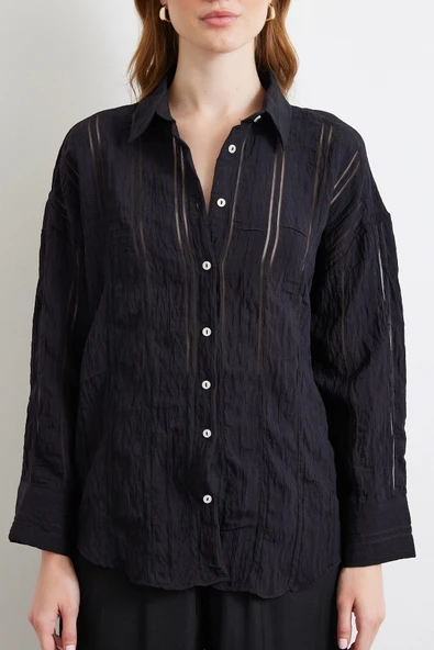Organze Çizgili Gömlek Siyah - Resim 4