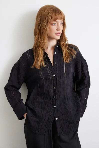 Organze Çizgili Gömlek Siyah - Resim 3