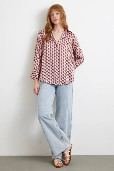 Geometrik Desenli Saten Gömlek Pembe - Resim 2