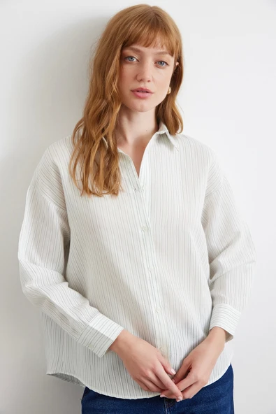 Simetrik Çizgili Gömlek Mint - Resim 4