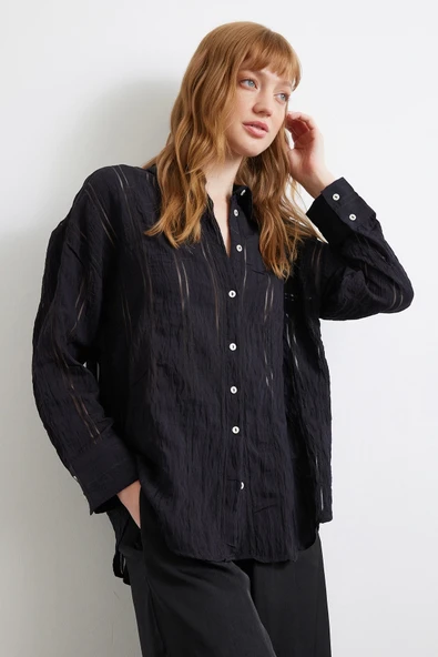 Organze Çizgili Gömlek Siyah ürün görseli 1