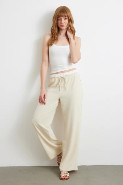 Bel Bantlı Wide Leg Pantolon Krem - Resim 2