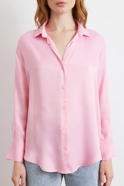 Viskon Saten Gömlek Pembe - Resim 4