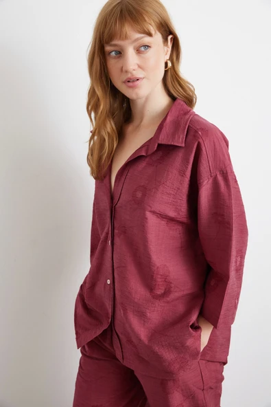 Fakir Kol Oversize Gömlek Bordo - Resim 3
