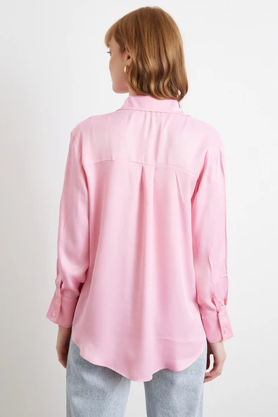Viskon Saten Gömlek Pembe - Resim 6