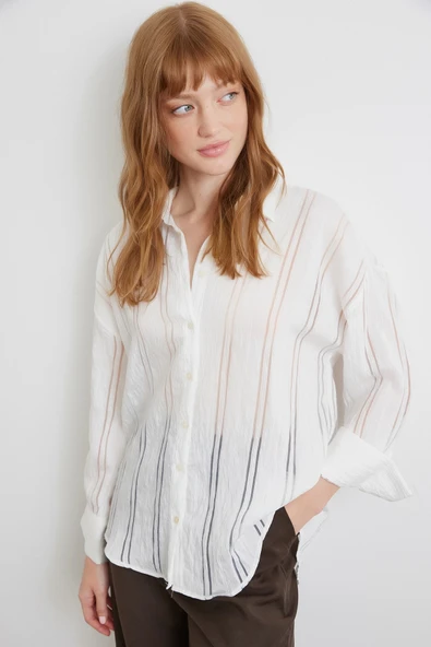 Organze Çizgili Gömlek Ekru - Resim 3