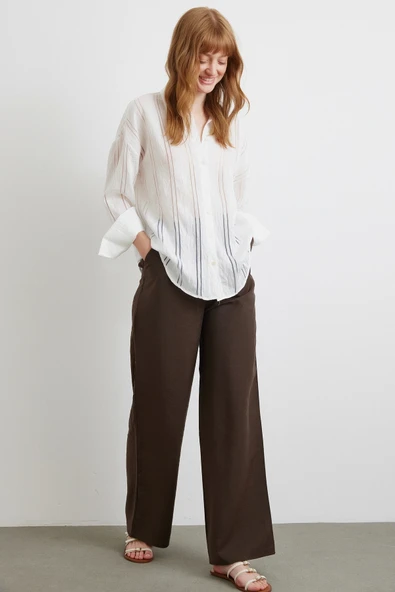 Organze Çizgili Gömlek Ekru - Resim 2