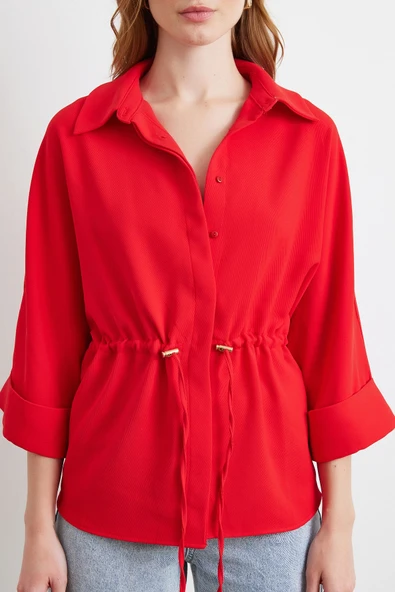 Büzgülü Kimono Gömlek Kırmızı - Resim 4