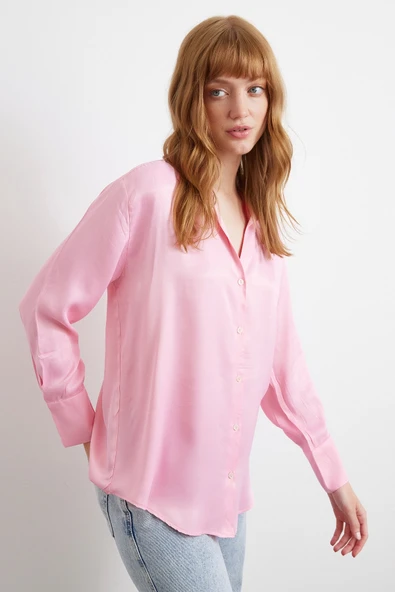 Viskon Saten Gömlek Pembe - Resim 3