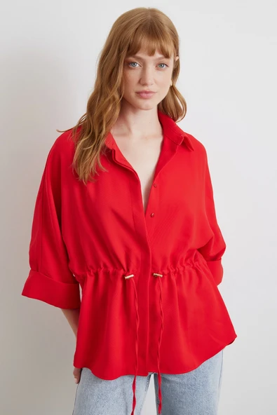 Büzgülü Kimono Gömlek Kırmızı - Resim 2