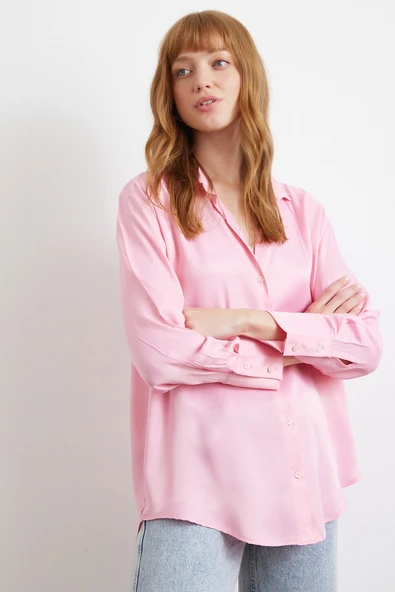 Viskon Saten Gömlek Pembe - Resim 2