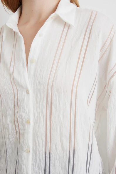 Organze Çizgili Gömlek Ekru - Resim 5