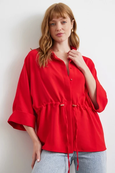 Büzgülü Kimono Gömlek Kırmızı - Resim 3