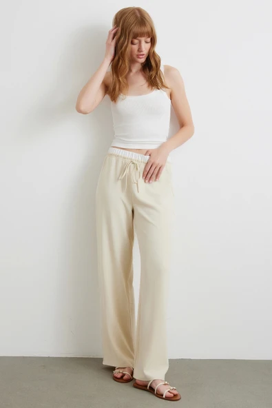 Bel Bantlı Wide Leg Pantolon Krem - Resim 3
